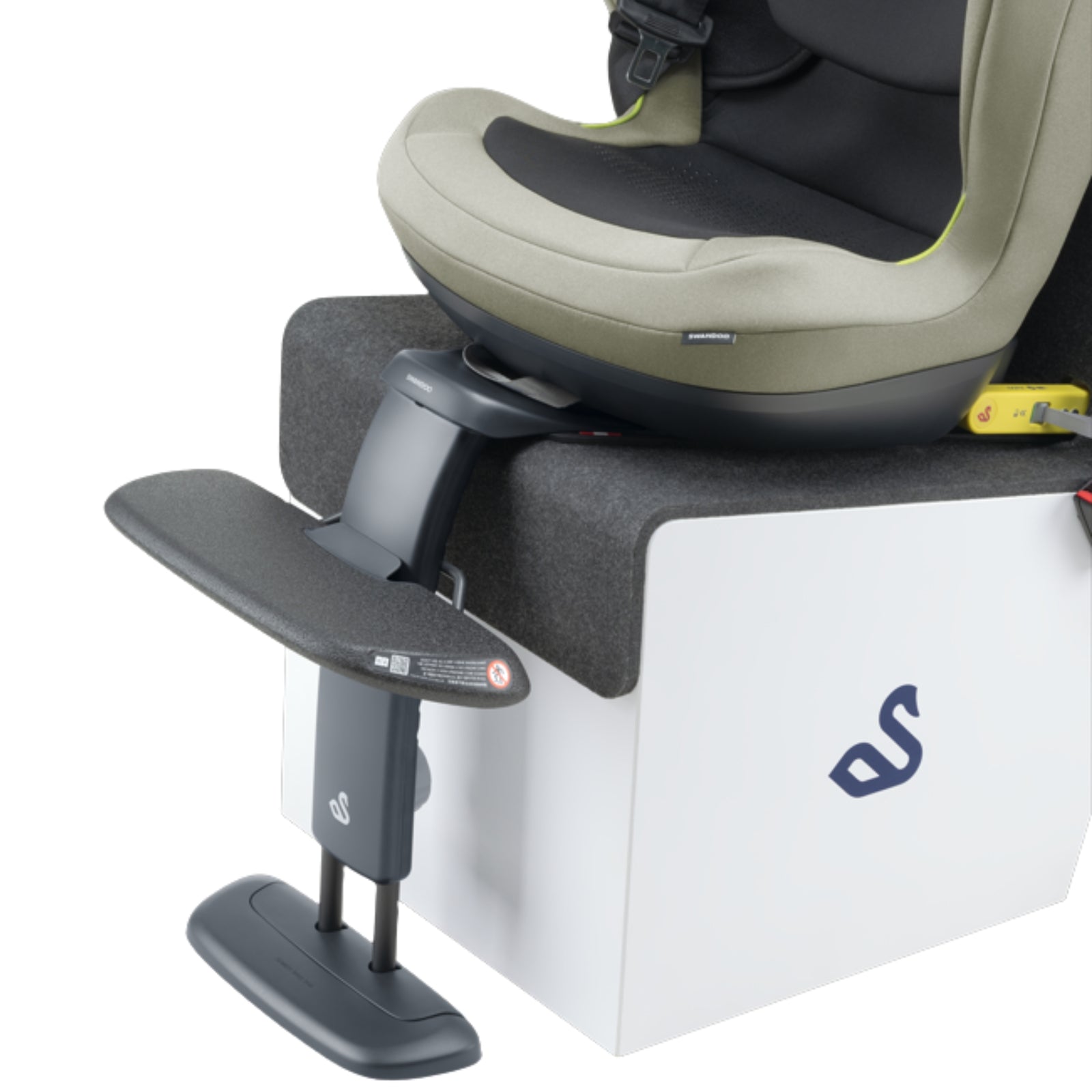 Swandoo universal footrest accessory attached to a child car seat on white background