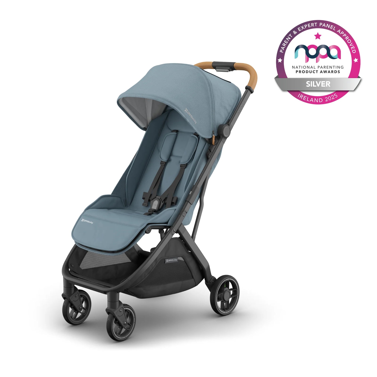 UPPAbaby Minu V2 Lightweight Stroller in Blue – compact foldable travel stroller with reclining seat, all-wheel suspension, and large storage basket, stylish design with leather handlebar, Silver winner at National Parenting Product Awards 2025 Ireland.
