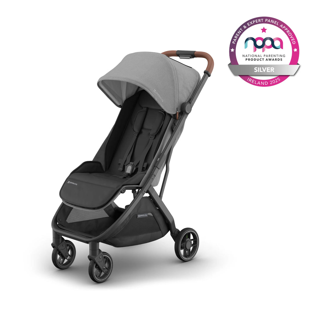 UPPAbaby Minu V2 Lightweight Stroller in Grey – compact foldable travel stroller with reclining seat, all-wheel suspension, and spacious storage basket, sleek design with leather handlebar, Silver award winner at National Parenting Product Awards 2025 Ireland.