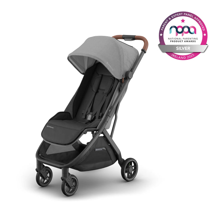 UPPAbaby Minu V2 Lightweight Stroller in Grey – compact foldable travel stroller with reclining seat, all-wheel suspension, and spacious storage basket, sleek design with leather handlebar, Silver award winner at National Parenting Product Awards 2025 Ireland.