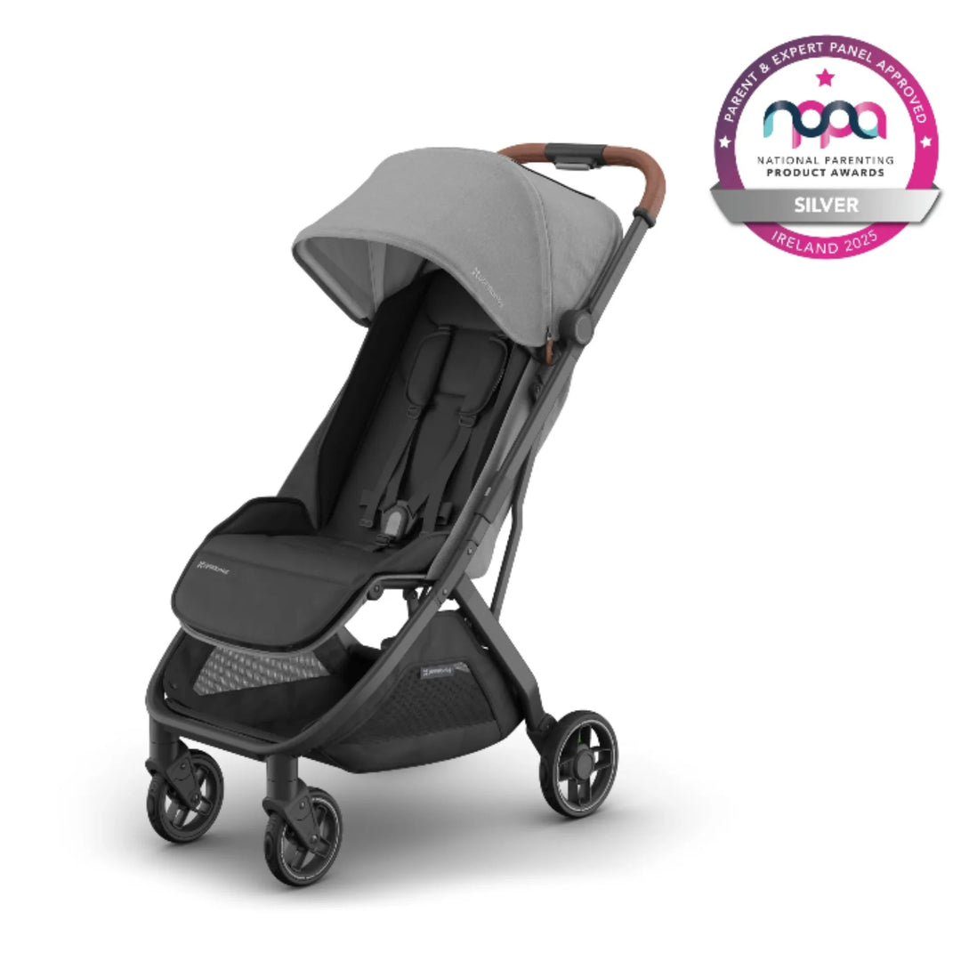 UPPAbaby MINU V3 stroller in Greystone with brown leather handle, shown with NAPPA Ireland 2025 Silver award badge