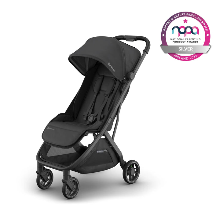 "UPPAbaby Minu V2 Lightweight Stroller in Black – compact fold travel stroller with reclining seat, all-wheel suspension, and large storage basket, sleek modern design, Silver award winner at National Parenting Product Awards 2025 Ireland.
