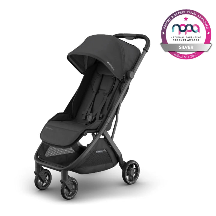 UPPAbaby MINU V3 stroller in Jake black, product image with NAPPA Ireland 2025 Silver award badge