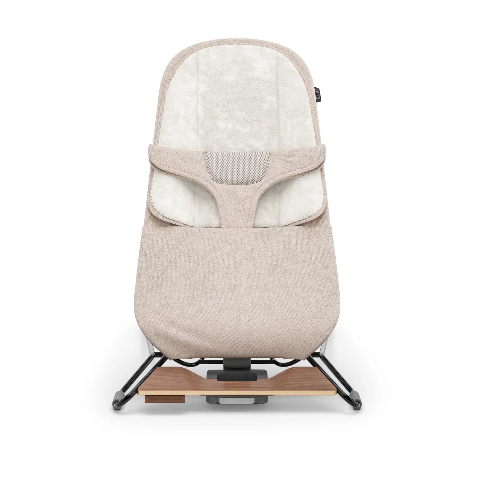 “UPPAbaby Mira Bouncer in Charlie beige fabric shown front-facing on a white background, featuring breathable mesh seat, ergonomic newborn support, soft textured upholstery, and modern steel frame with wooden base accent.”
