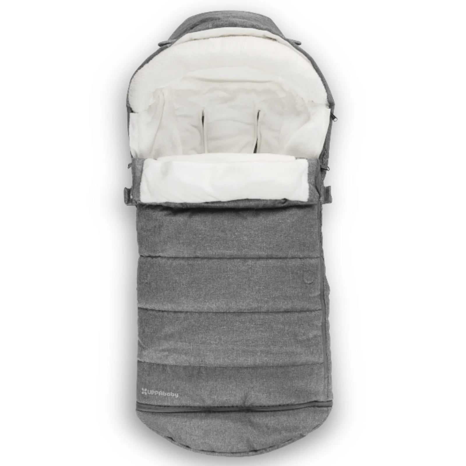 UPPAbaby 2-in-1 Seasonal Cozy Ganoosh footmuff in Greyson grey, featuring plush fleece lining, zip-out liner and extended coverage for all-season warmth in UPPAbaby strollers.