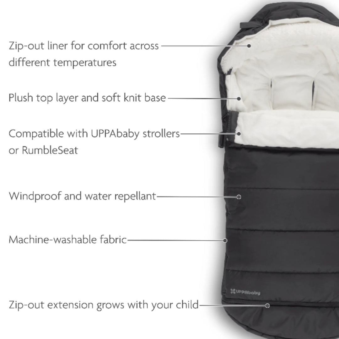 Close-up of UPPAbaby 2-in-1 Seasonal Cozy Ganoosh stroller footmuff in Julian blue showing quilted, insulated design with UPPAbaby logo, windproof and water-repellent fabric for cold weather pushchair use.