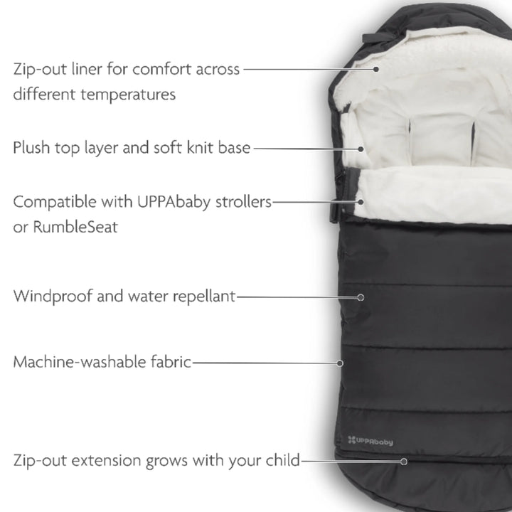 Close-up of UPPAbaby 2-in-1 Seasonal Cozy Ganoosh stroller footmuff in Julian blue showing quilted, insulated design with UPPAbaby logo, windproof and water-repellent fabric for cold weather pushchair use.