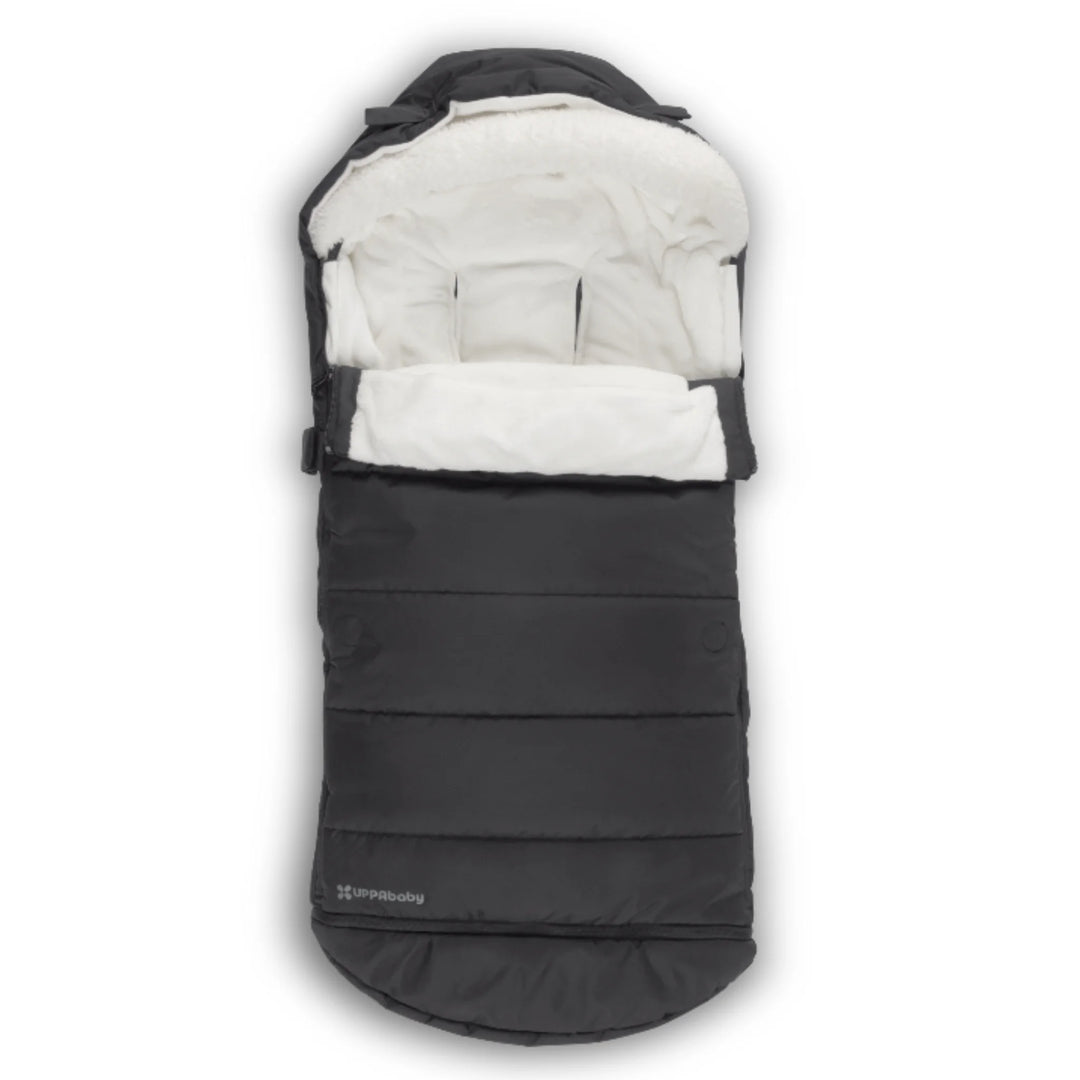 UPPAbaby 2-in-1 Seasonal Cozy Ganoosh stroller footmuff in Jake black, featuring plush fleece lining, insulated quilted design, and all-weather protection for winter pushchair use.