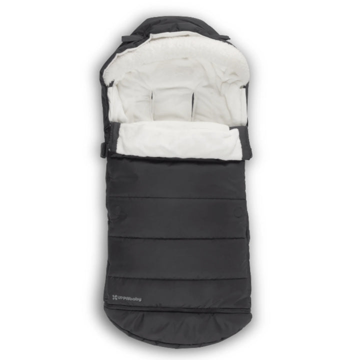 UPPAbaby 2-in-1 Seasonal Cozy Ganoosh stroller footmuff in Jake black, featuring plush fleece lining, insulated quilted design, and all-weather protection for winter pushchair use.