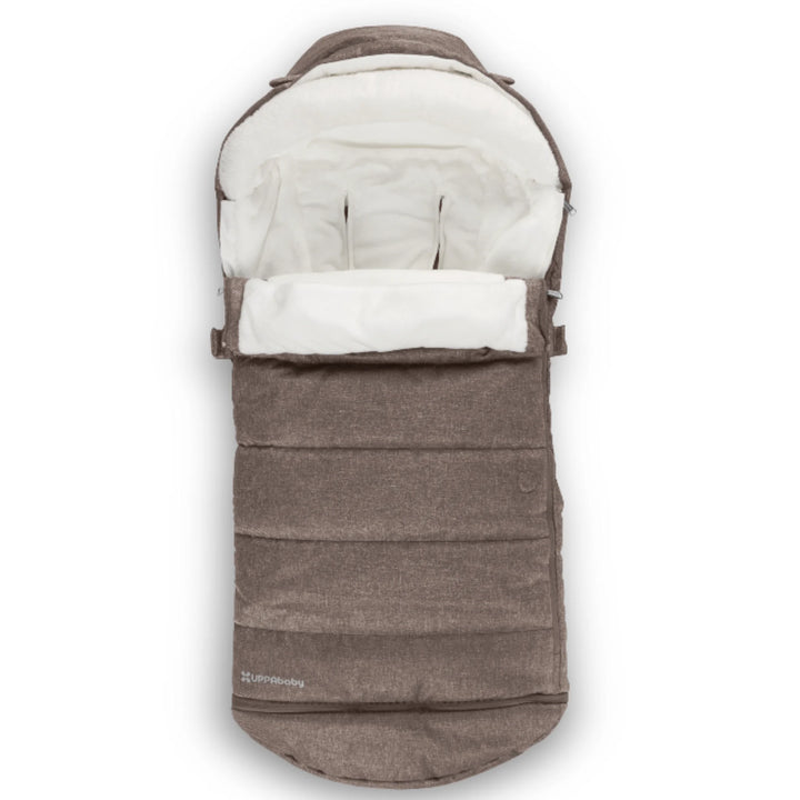 UPPAbaby 2-in-1 Seasonal Cozy Ganoosh footmuff in Owen brown, plush fleece-lined stroller footmuff with zip-out liner, windproof and water-repellent fabric, designed for all-season comfort and compatibility with UPPAbaby pushchairs.