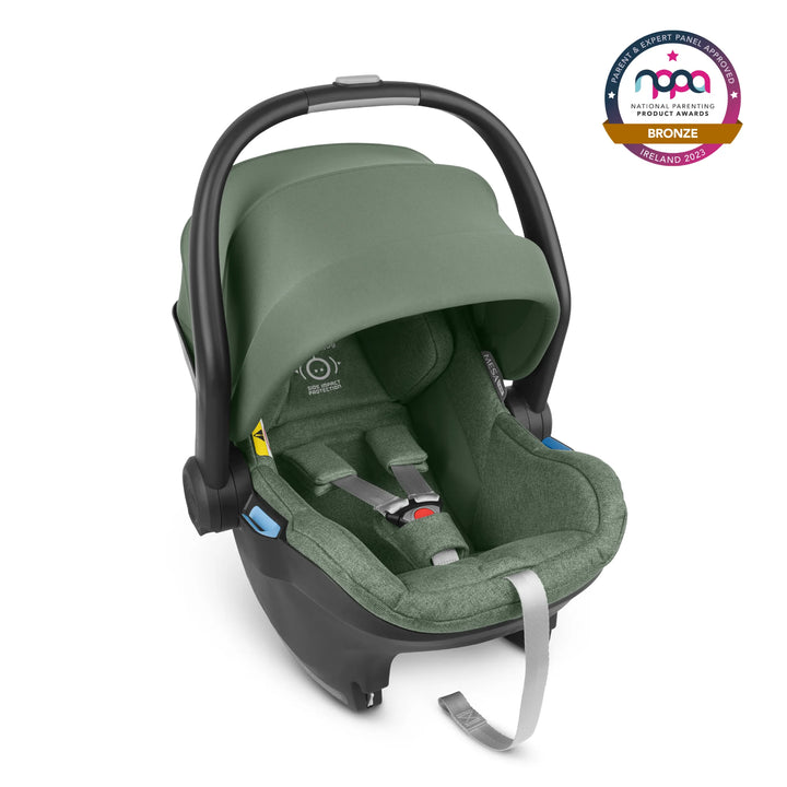 UPPAbaby Mesa iSize infant car seat with kid friendly fabrics and a UPF 25+ extendable canopy in the Emmett or Gwen fashion and the Bronze 2023 NPPA award logo in the top right hand corner