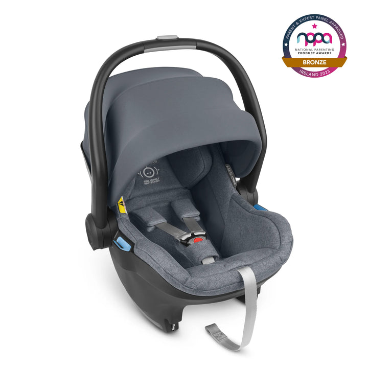UPPAbaby Mesa iSize infant car seat with kid friendly fabrics and a UPF 25+ extendable canopy in Gregory. The bronze 2023 NPPA award logo is in the top right hand corner