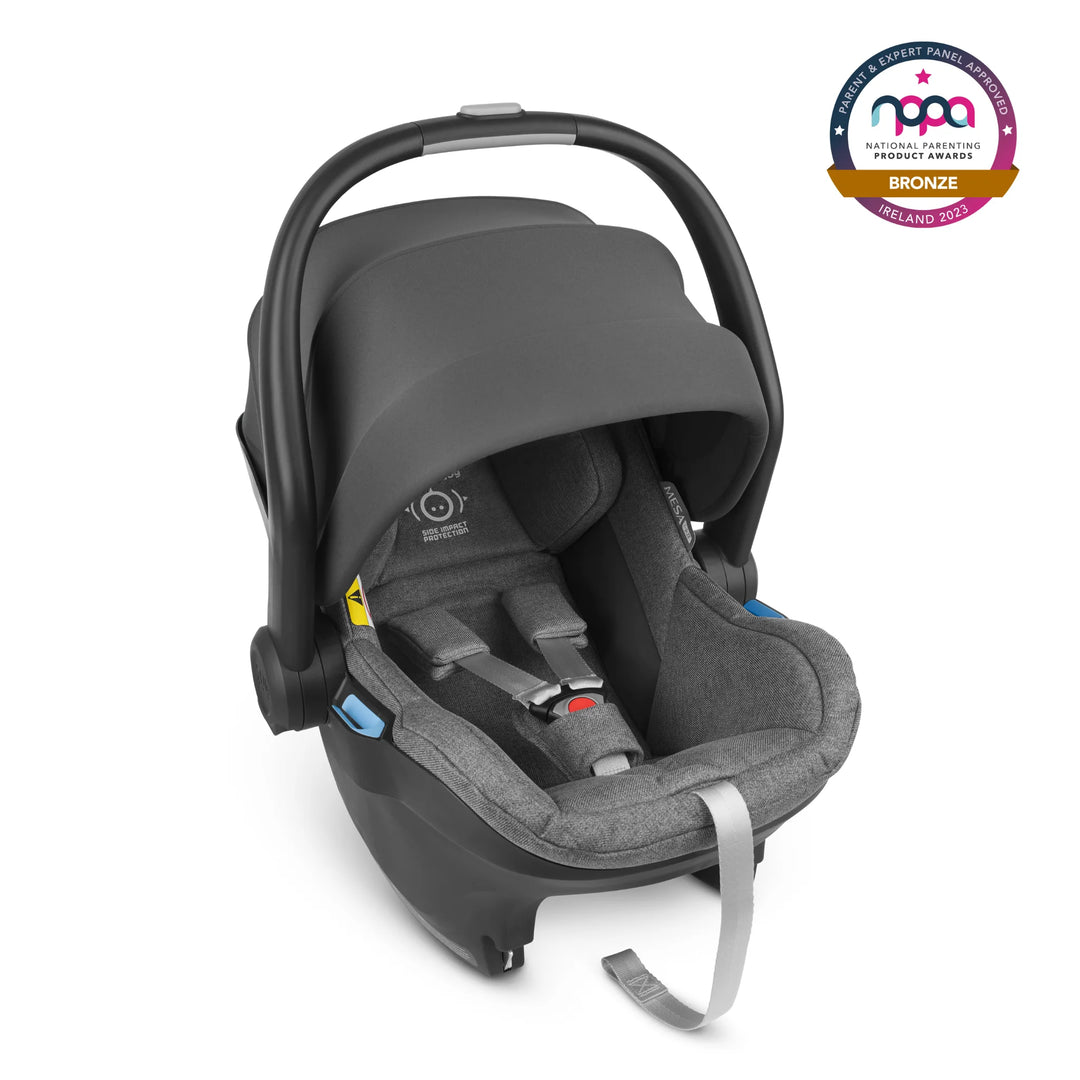 UPPAbaby Mesa iSize infant car seat with kid friendly fabrics and a UPF 25+ extendable canopy in Jordan or Greyson. The NPPA bronze 2023 logo is in the top right hand corner