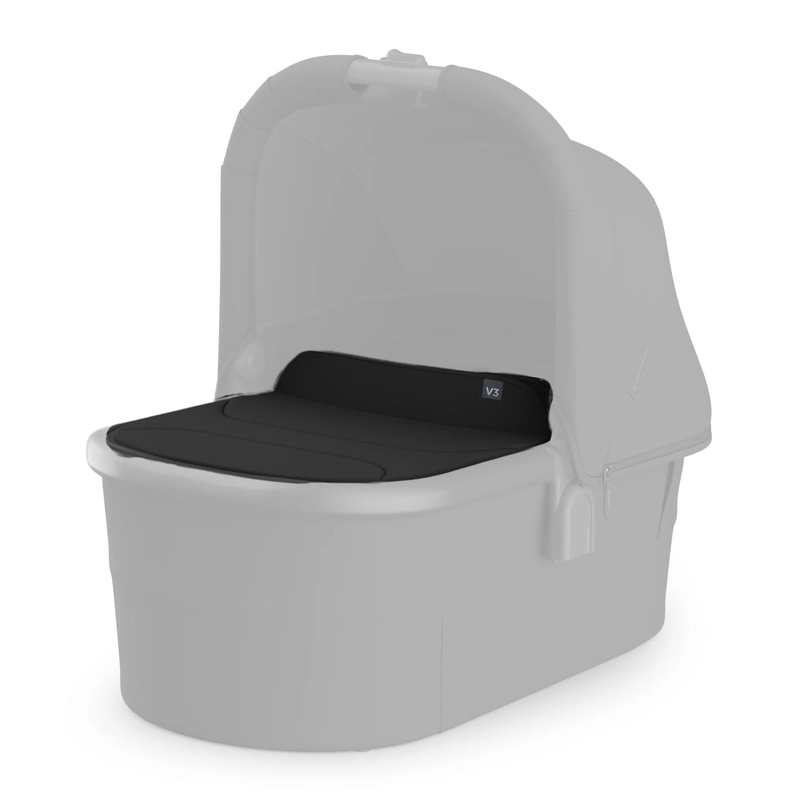 UPPAbaby bassinet featuring a Jake black boot cover attached to a light grey bassinet on a white background
