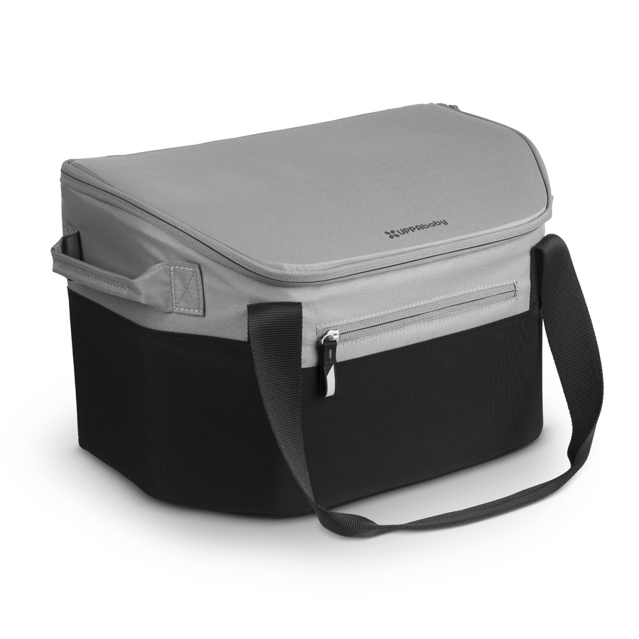 This is a product shot of the UPPAbaby Bevvy stroller basket cooler box. It has a waterproof fabric that is grey at the top and black on the lower half with a zip pocket at the front to hold bank cards, ID, loose change or even your phone.