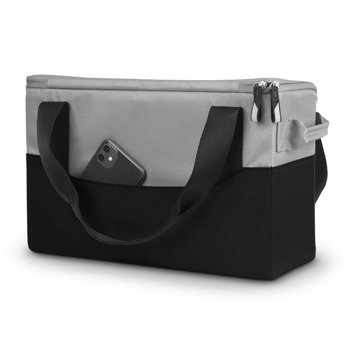This is a product shot of the back of the Bevvy stroller cooler by UPPAbaby. The pocket at the back is perfect for slotting your phone in and the option of long and short handles mean you can carry it how you like!