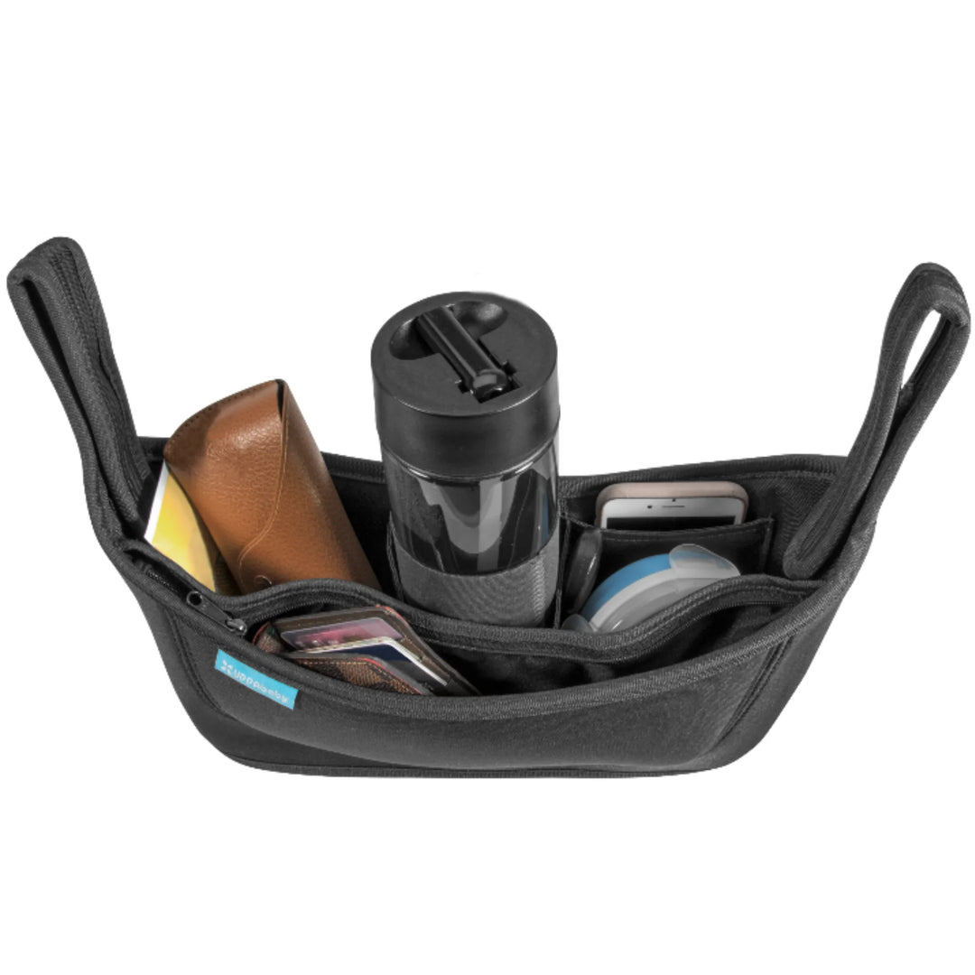 UPPAbaby Carry-All Parent Stroller Organiser with cup holder and storage pockets for phone, keys and baby essentials.