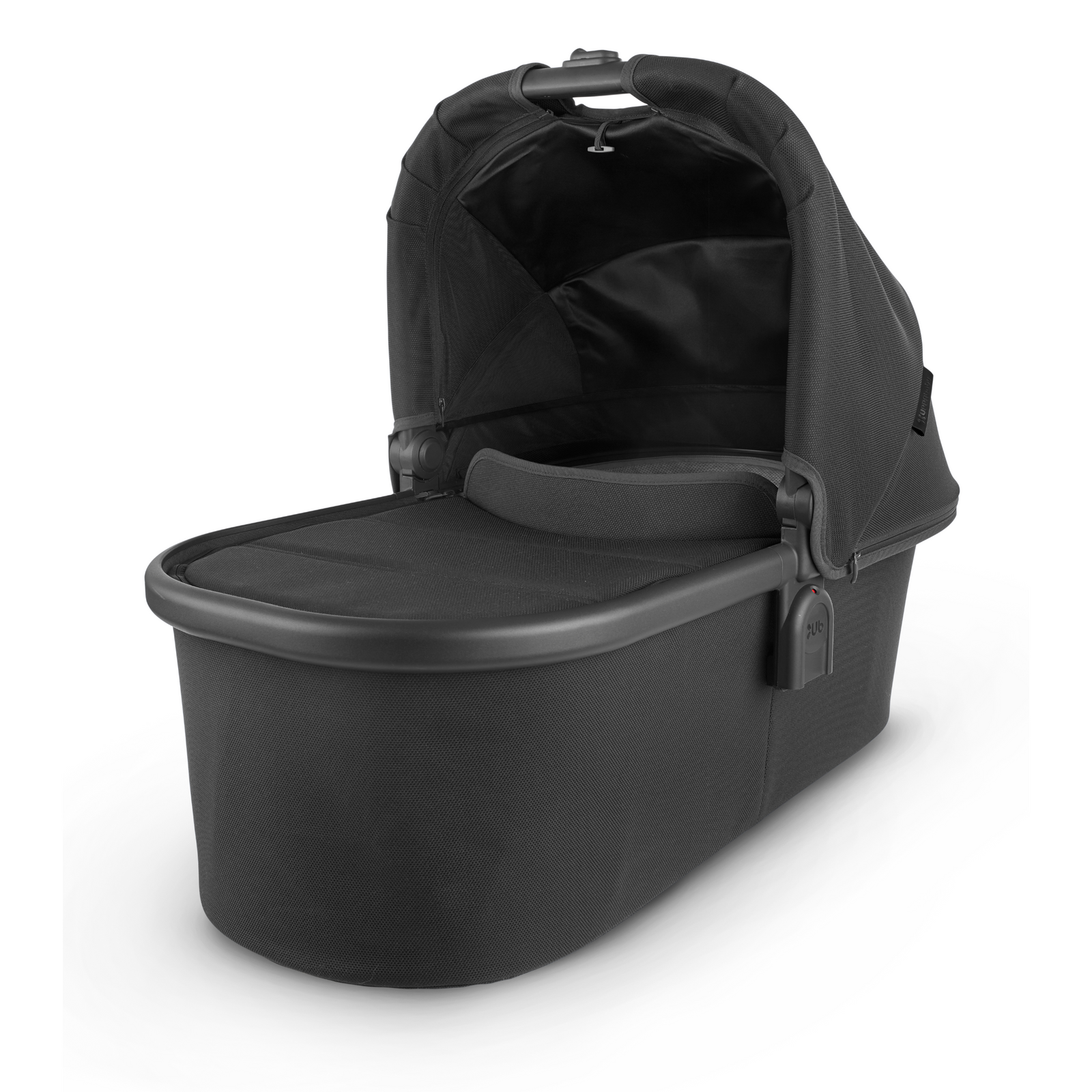 UPPAbaby overnight sleep safe carrycot in Jake. This image shows the charcoal fabric on a carbon frame with a small black leather accent on the canopy