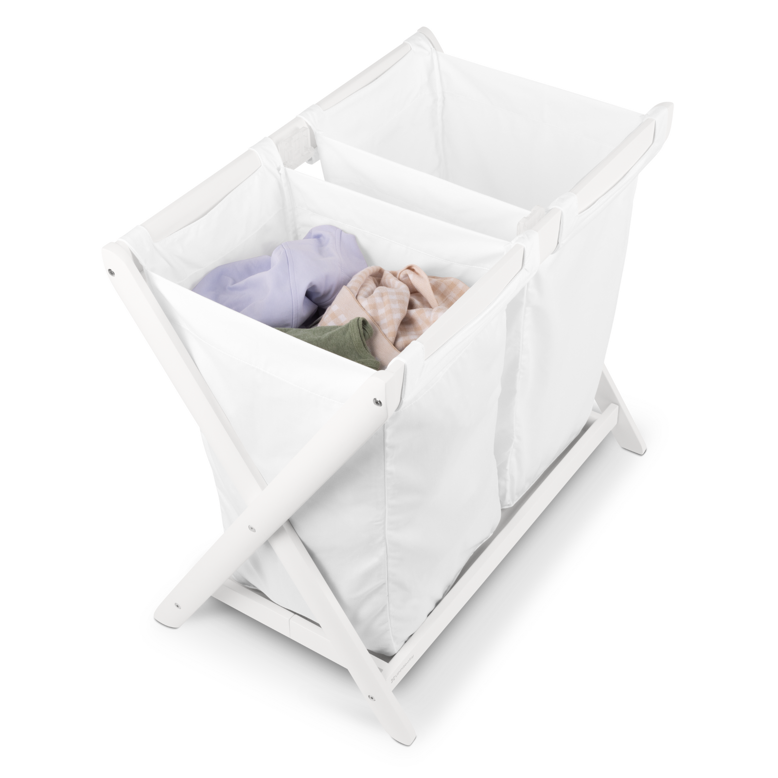 Carrycot stand hamper inserts being used for laundry on white carrycot stand.