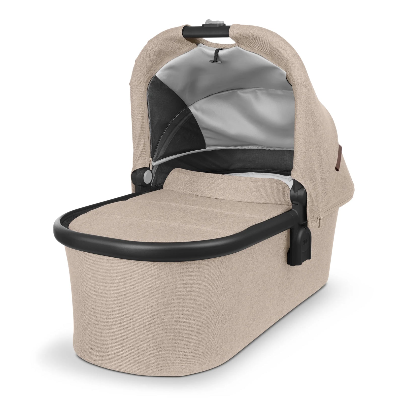 UPPAbaby Carrycot V2 in Liam beige, newborn bassinet with extendable canopy and breathable mattress, compatible with UPPAbaby Vista and Cruz pushchairs.