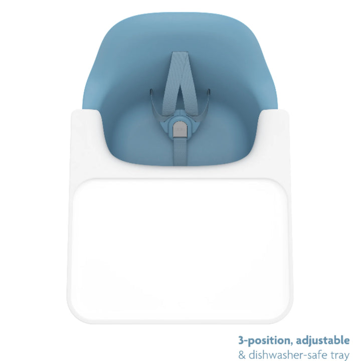 UPPAbaby Ciro High Chair Caleb in blue with 3-position adjustable, dishwasher-safe tray and secure 5-point harness; modern ergonomic wooden-leg baby high chair.