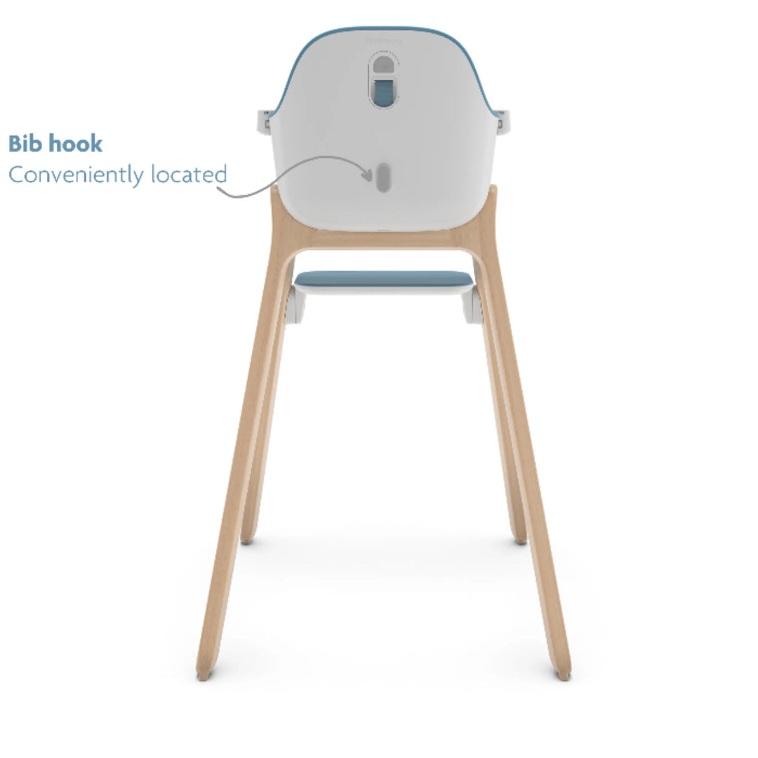 UPPAbaby Ciro High Chair Caleb model shown from the back, featuring convenient built-in bib hook, ergonomic seat design and natural wood legs.