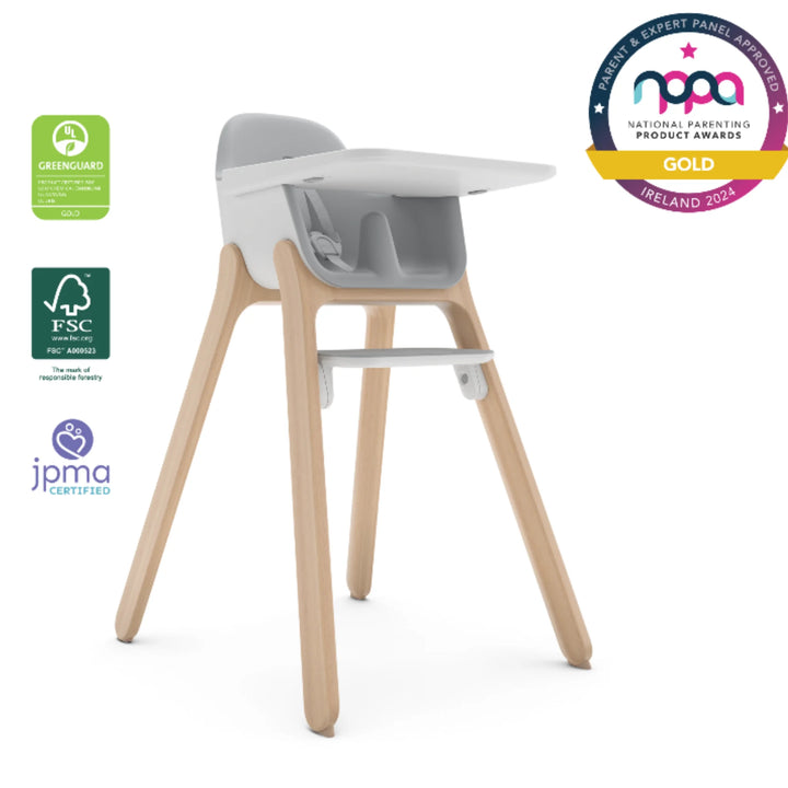 UPPAbaby Ciro High Chair Chloe in modern grey and natural wood, shown with detachable tray, footrest, and safety harness; GREENGUARD Gold, FSC certified, JPMA certified; NPPA Gold Award winner