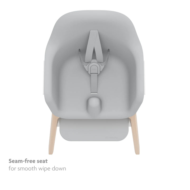 Light grey high chair top down view of seamless seat and no-rethread adjustable harness on white background.