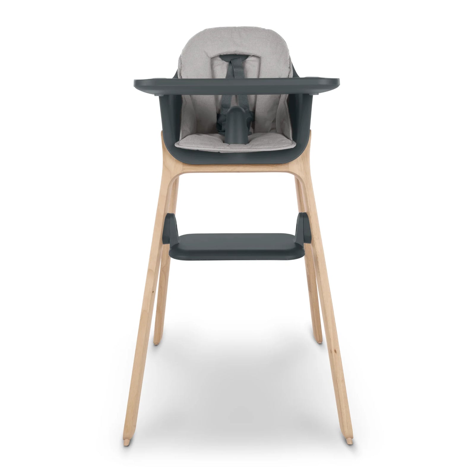 Front view of the UPPAbaby Ciro high chair with grey cushion accessory, showing modern wood-frame design, safety harness, and removable tray.