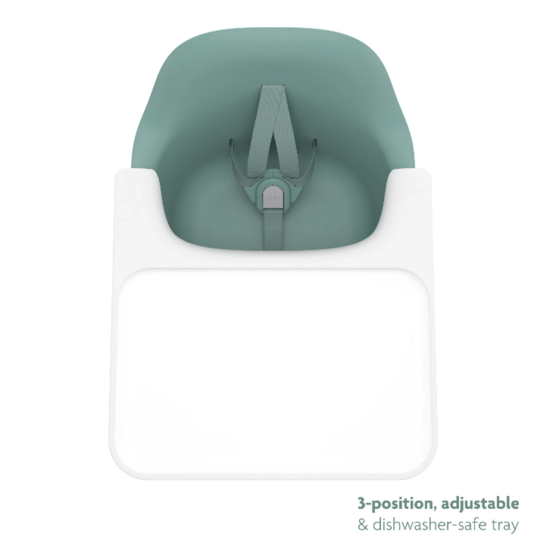UPPAbaby Ciro High Chair Emrick with green seamless seat shown with 3-position adjustable, dishwasher-safe tray, modern ergonomic baby high chair design.