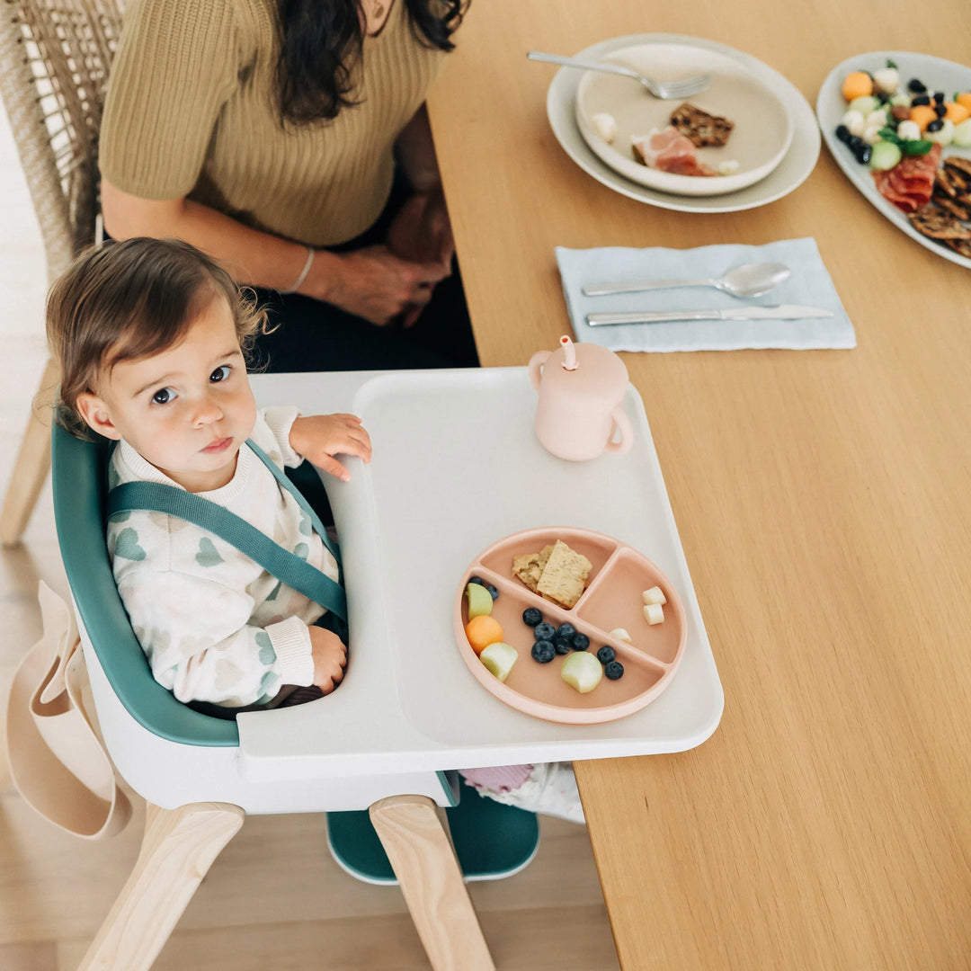 Child in a high chair with a tray of food at a dining table