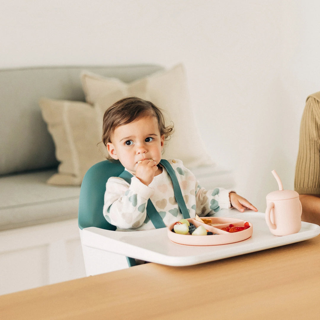 Child in a high chair with a plate of food and a cup sitting at the dining table.