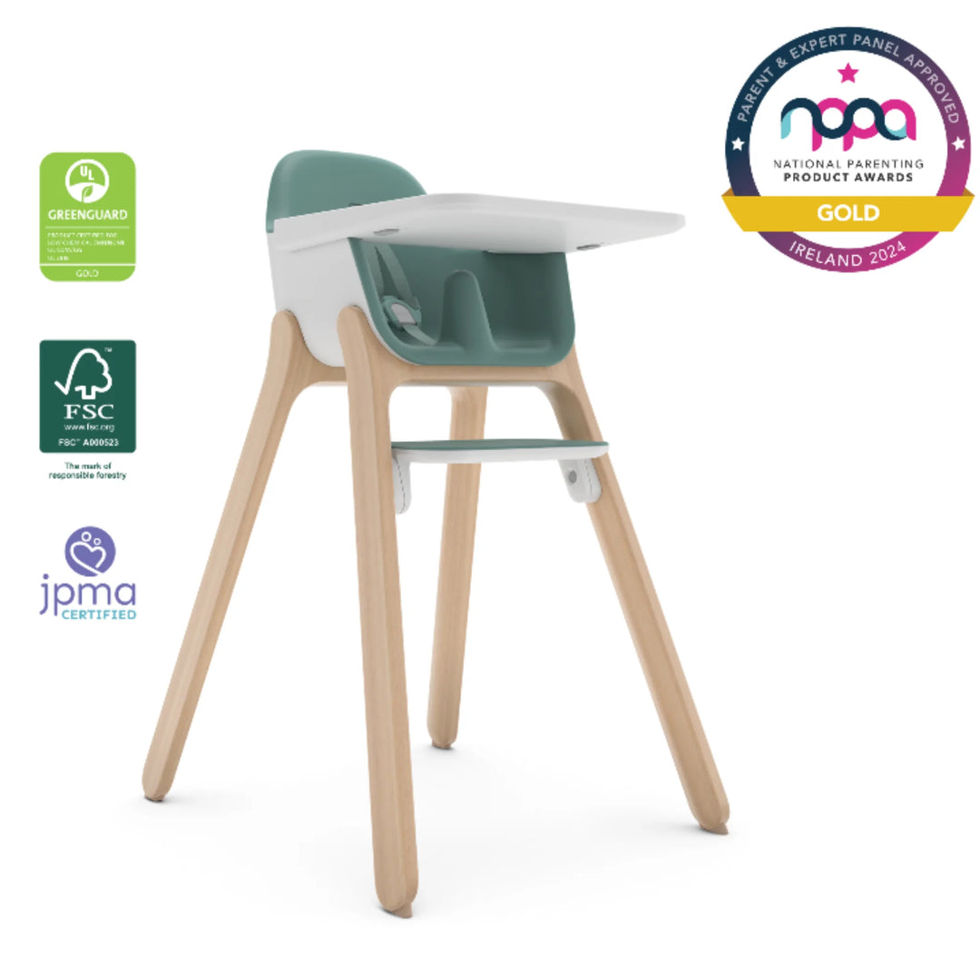 UPPAbaby Ciro High Chair Emrick in green with wooden legs, adjustable tray, GREENGUARD Gold Certified, FSC-certified materials, JPMA certified, and NPPA Gold Award-winning modern baby high chair.