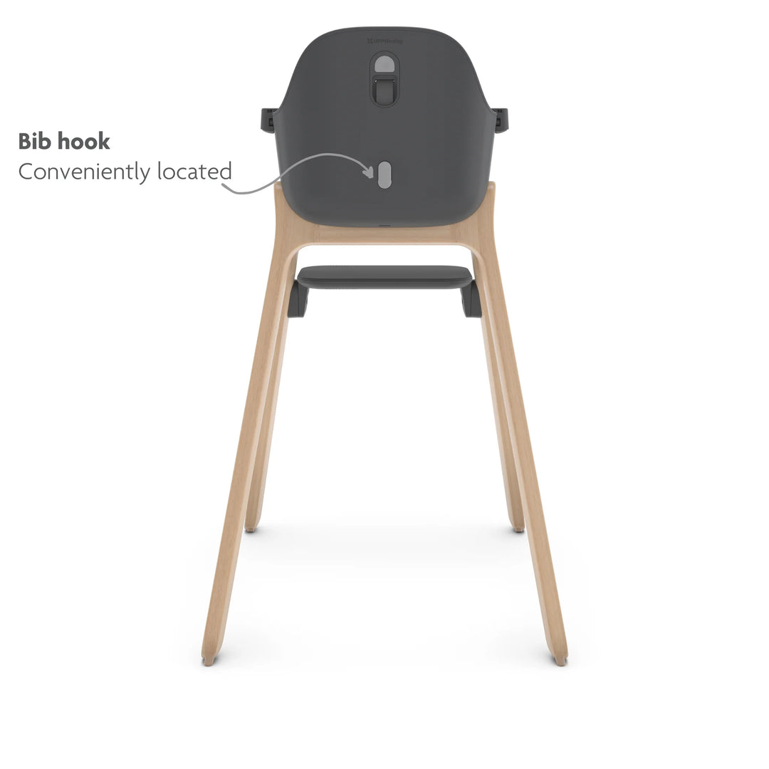 Black high chair back image showcasing the bib hook on a white background.