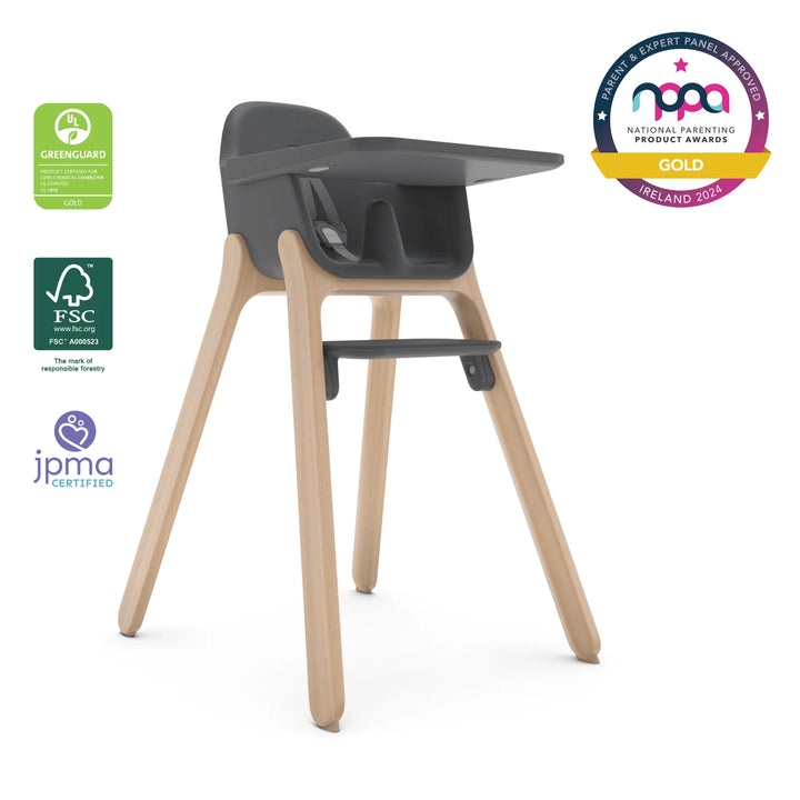 Award-winning UPPAbaby Ciro high chair in Jake with GREENGUARD gold, NPPA gold, JPMA and FSC certifications.