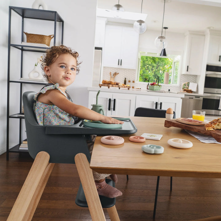 Child in a high chair at a dining table in a kitchen