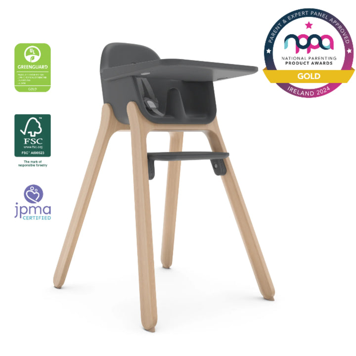 UPPAbaby Ciro High Chair in Jake charcoal grey with natural wood legs, shown with detachable tray, GREENGUARD Gold certified, FSC certified, and JPMA certified, award-winning NPPA Gold baby high chair.