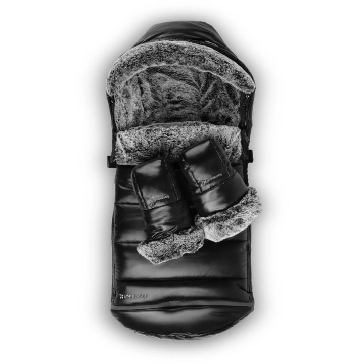 UPPAbaby Cozy Ganoosh Luxe footmuff and Cozy Handmuffs Luxe set in black with plush faux-fur lining, premium insulated winter stroller accessories designed to keep babies and parents warm in cold weather.