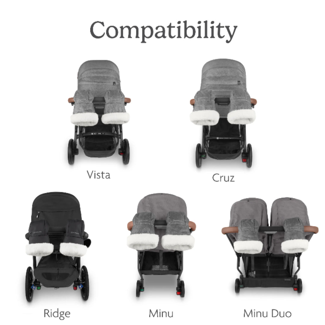 UPPAbaby Cozy Handmuffs compatibility chart showing fit on UPPAbaby Vista, Cruz, Ridge, Minu and Minu Duo strollers, demonstrating universal stroller hand warmer compatibility.