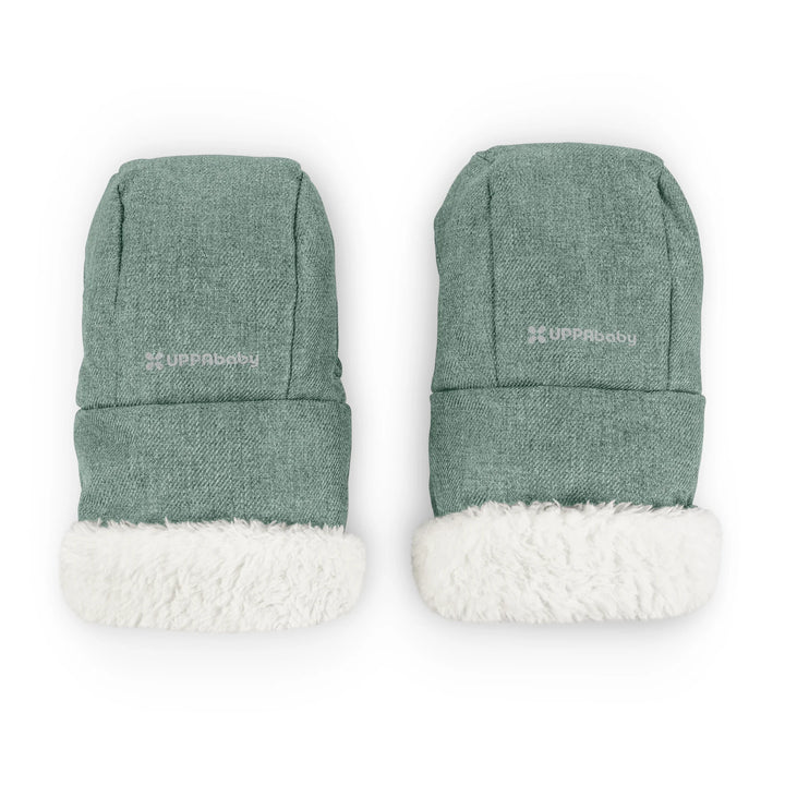 UPPAbaby fleece-lined CozyHandmuffs in Gwen green melange on a white background.