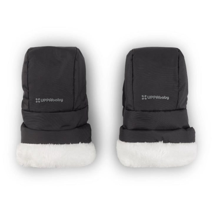 UPPAbaby Cozy Handmuffs Jake black stroller hand warmers with soft fleece lining, designed to keep parents’ hands warm while pushing a stroller in cold weather.