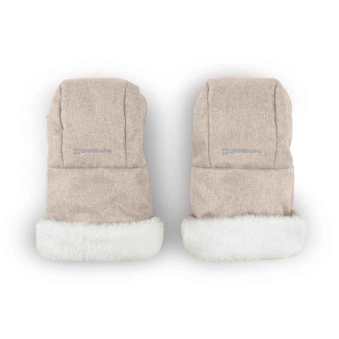 UPPAbaby Cozy Handmuffs Liam beige stroller hand warmers with soft fleece lining, designed to keep parents’ hands warm in cold weather and compatible with all UPPAbaby pushchairs.