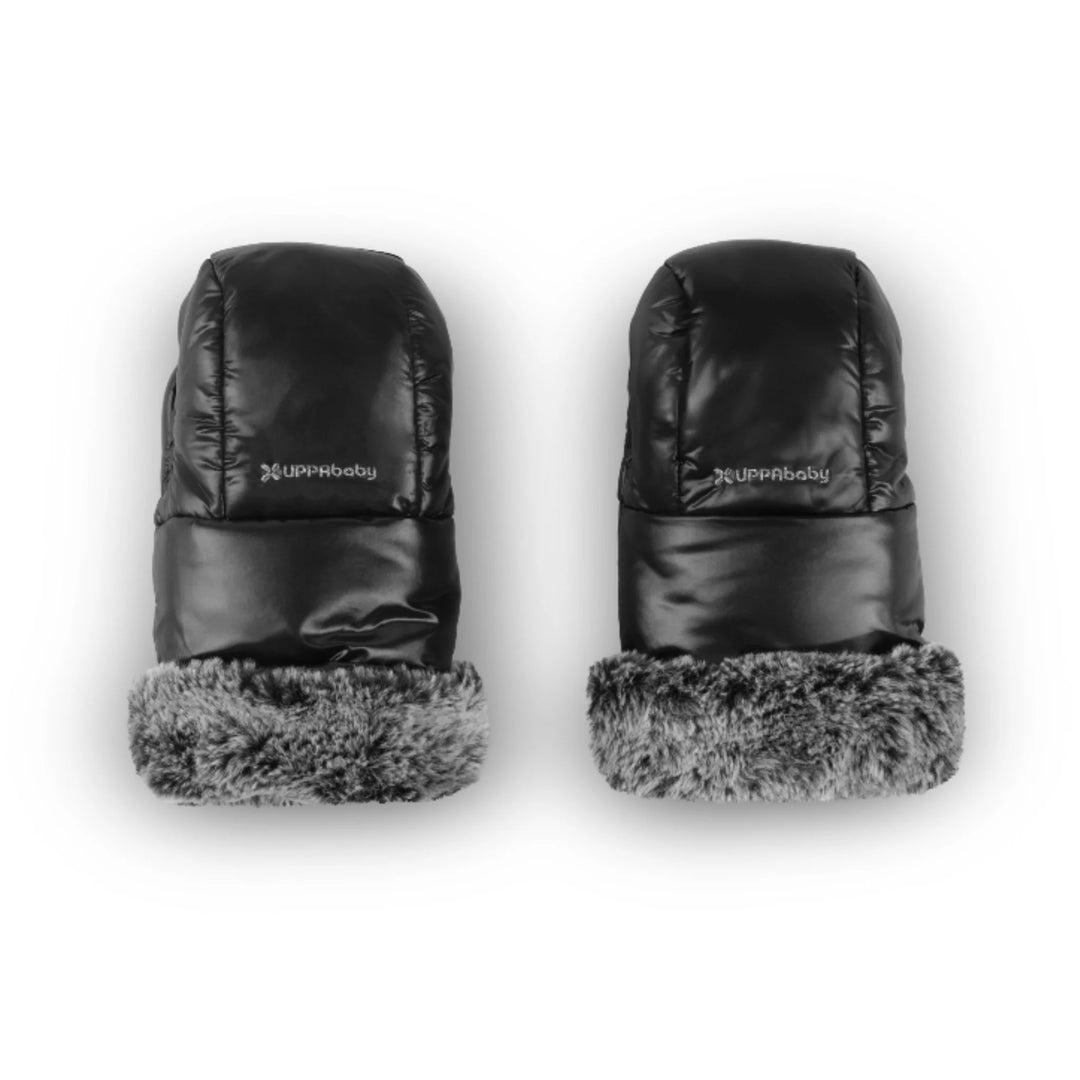 UPPAbaby Cozy Handmuffs Luxe in black, premium stroller hand warmers with plush faux-fur lining for cold-weather pushchair use.