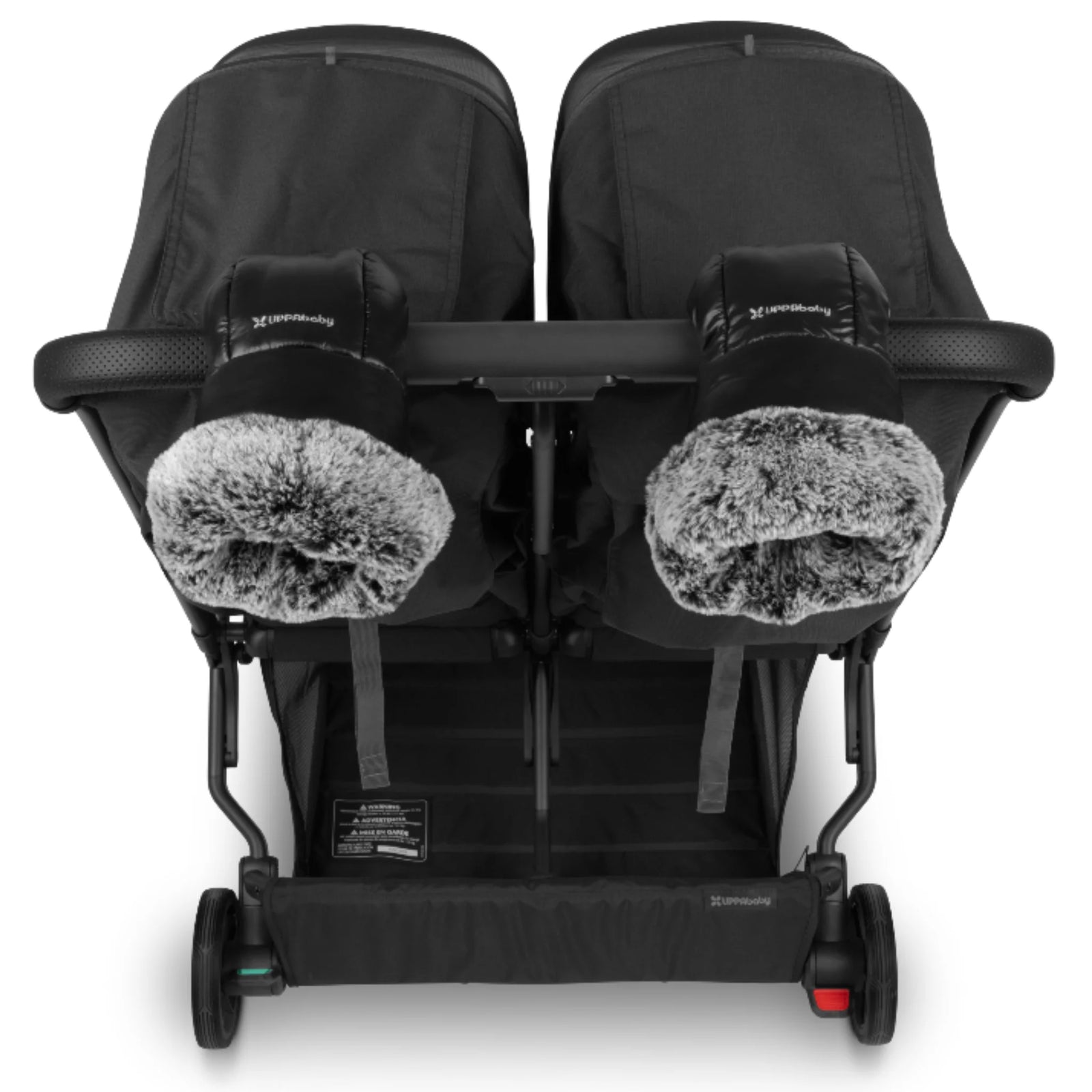 UPPAbaby Cozy Handmuffs Luxe on UPPAbaby Minu Duo double stroller, black luxury pram handmuffs with plush faux-fur lining for cold weather.