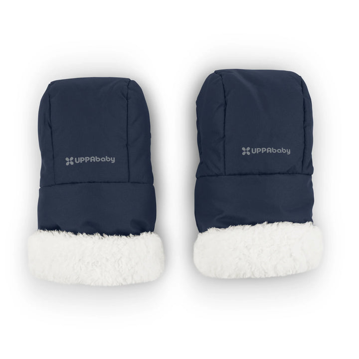 UPPAbaby fleece-lined CozyHandmuffs in Noa navy on a white background.