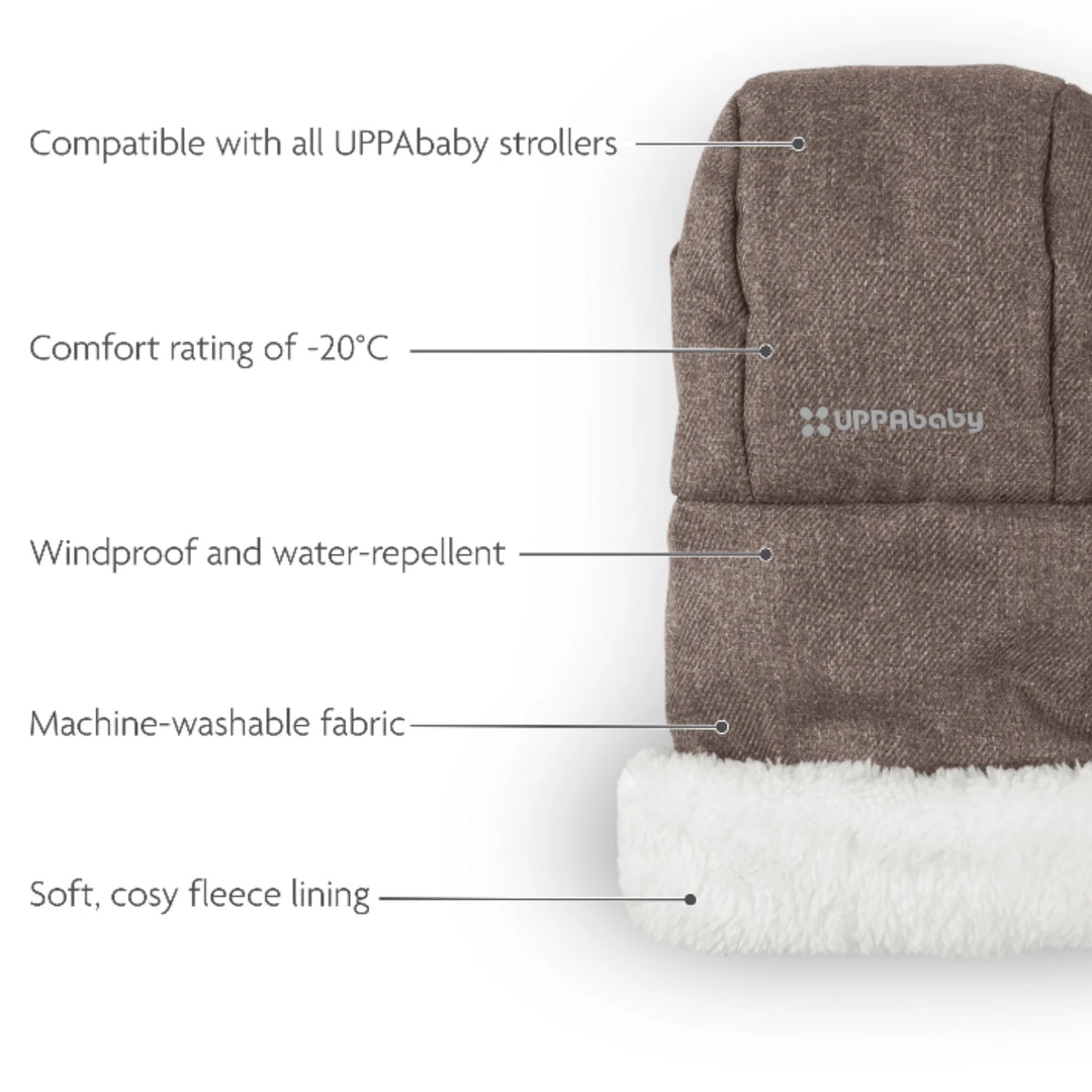 UPPAbaby Cozy Handmuffs Owen brown pushchair hand warmers highlighting key features including −20°C comfort rating, windproof and water-repellent fabric, machine-washable design and soft fleece lining, compatible with all UPPAbaby strollers.