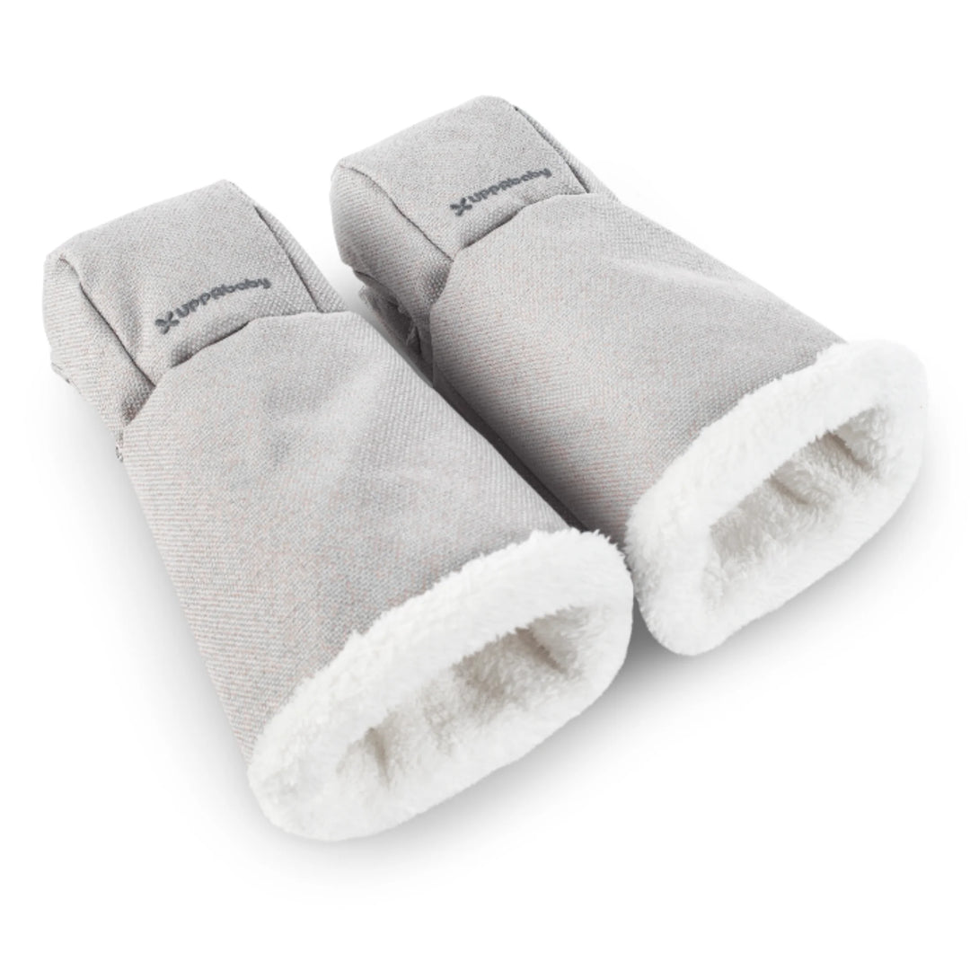 UPPAbaby Cozy Handmuffs in Savannah grey, plush fleece-lined stroller hand warmers designed for cold weather, windproof and water-repellent, compatible with all UPPAbaby strollers.
