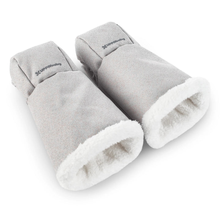 UPPAbaby Cozy Handmuffs in Savannah grey, plush fleece-lined stroller hand warmers designed for cold weather, windproof and water-repellent, compatible with all UPPAbaby strollers.