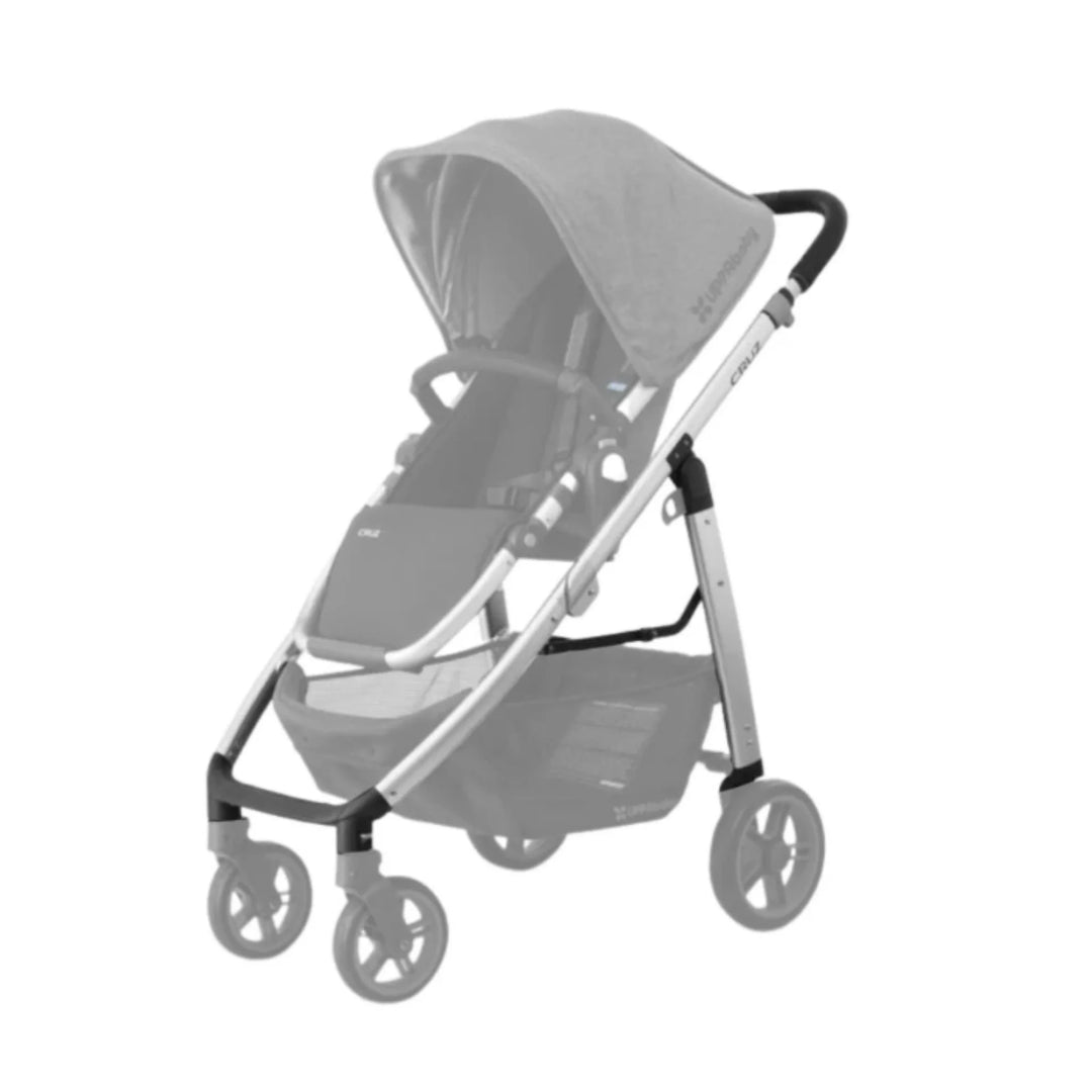 UPPAbaby Cruz replacement base frame for 2015–2019 models in silver with black leather handle, shown assembled with stroller seat and wheels, original Cruz baby pushchair frame.