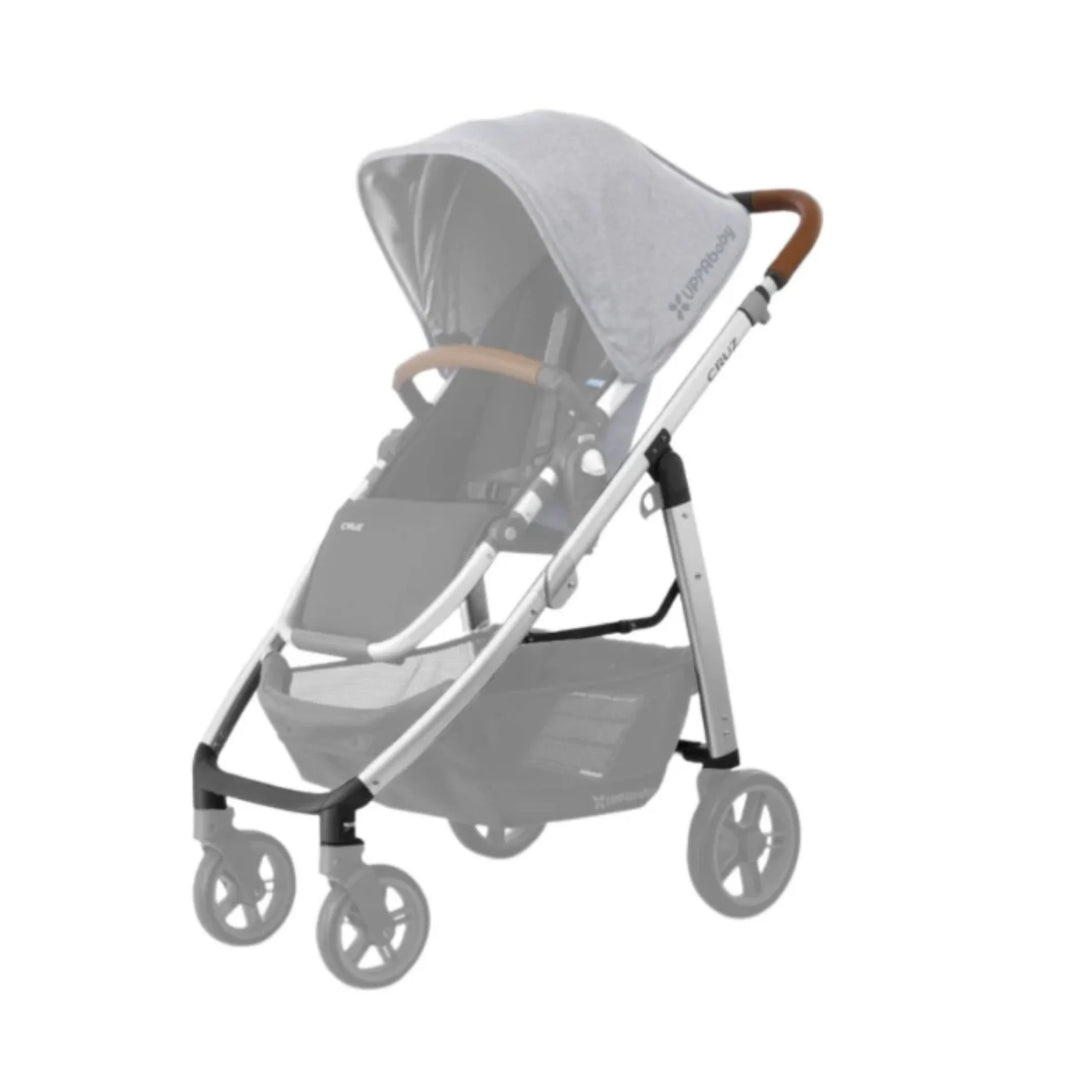 UPPAbaby Cruz replacement base frame for 2015–2019 models in silver with saddle leather handle, shown assembled with stroller seat and wheels, original Cruz baby pushchair frame.